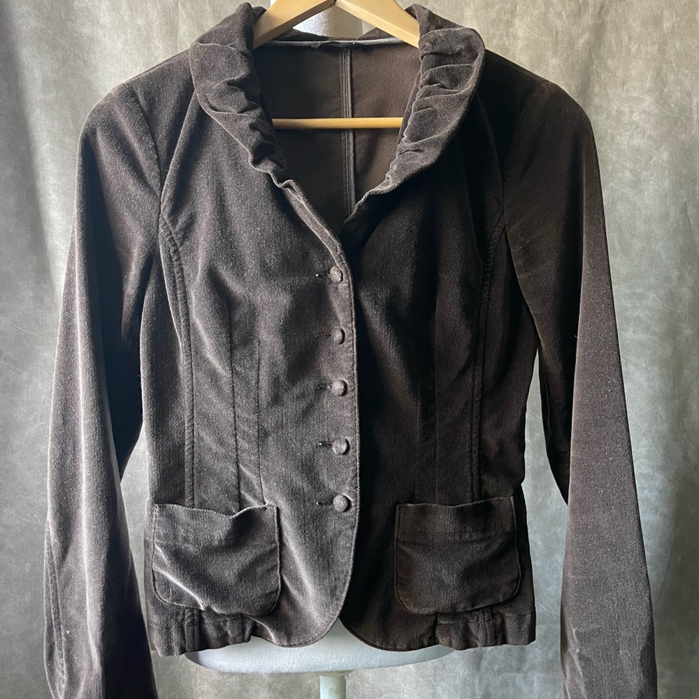 Brown Blazer Women XS Ruffle Collar Button Front Jacket Vintage Style - Picture 3 of 6